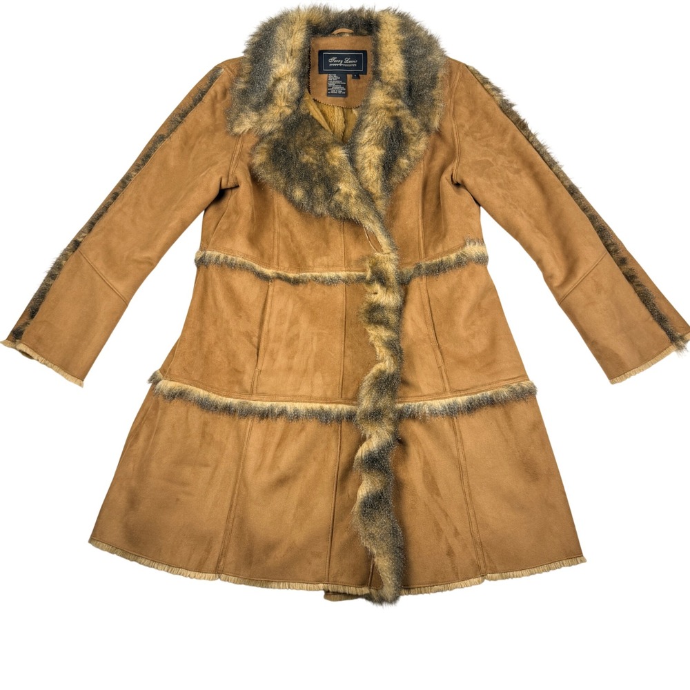Vintage Terry Lewis Tan Faux Suede Afghan Coat Faux Fur Trim Penny Lane Large‎